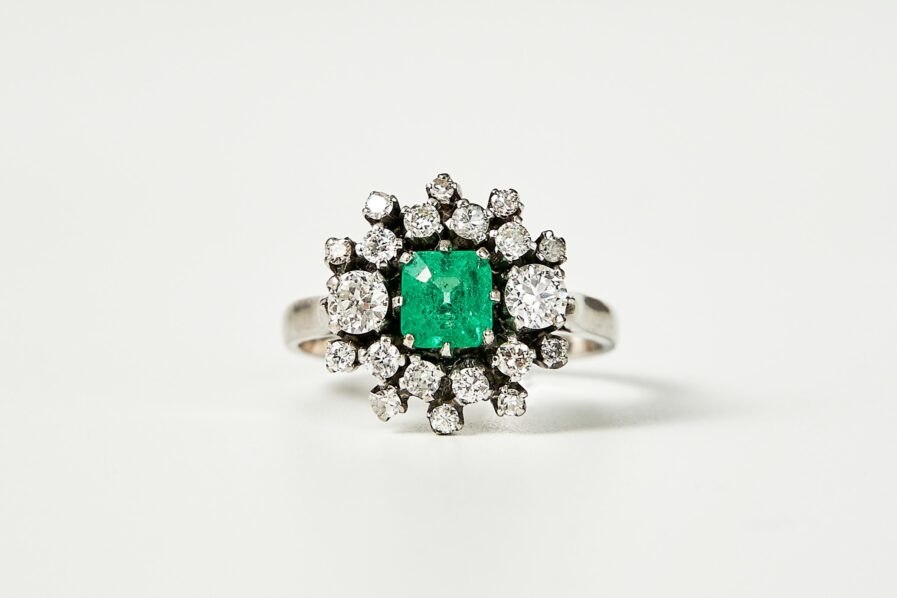 S Emerald And Diamond Starburst Cluster Ring Sperlich Jewelry