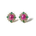 1980s Ruby, Diamond and emerald 18kt gold earrings.
