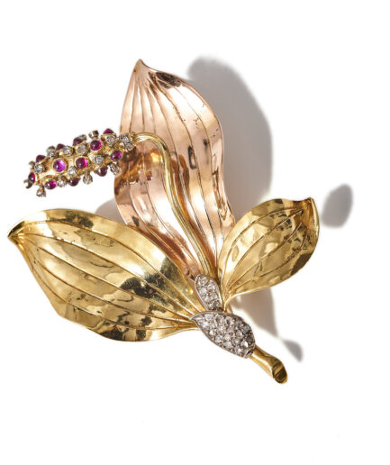W.A. Bolin 18k Ruby and Diamond Floral Brooch, Stockholm 1944