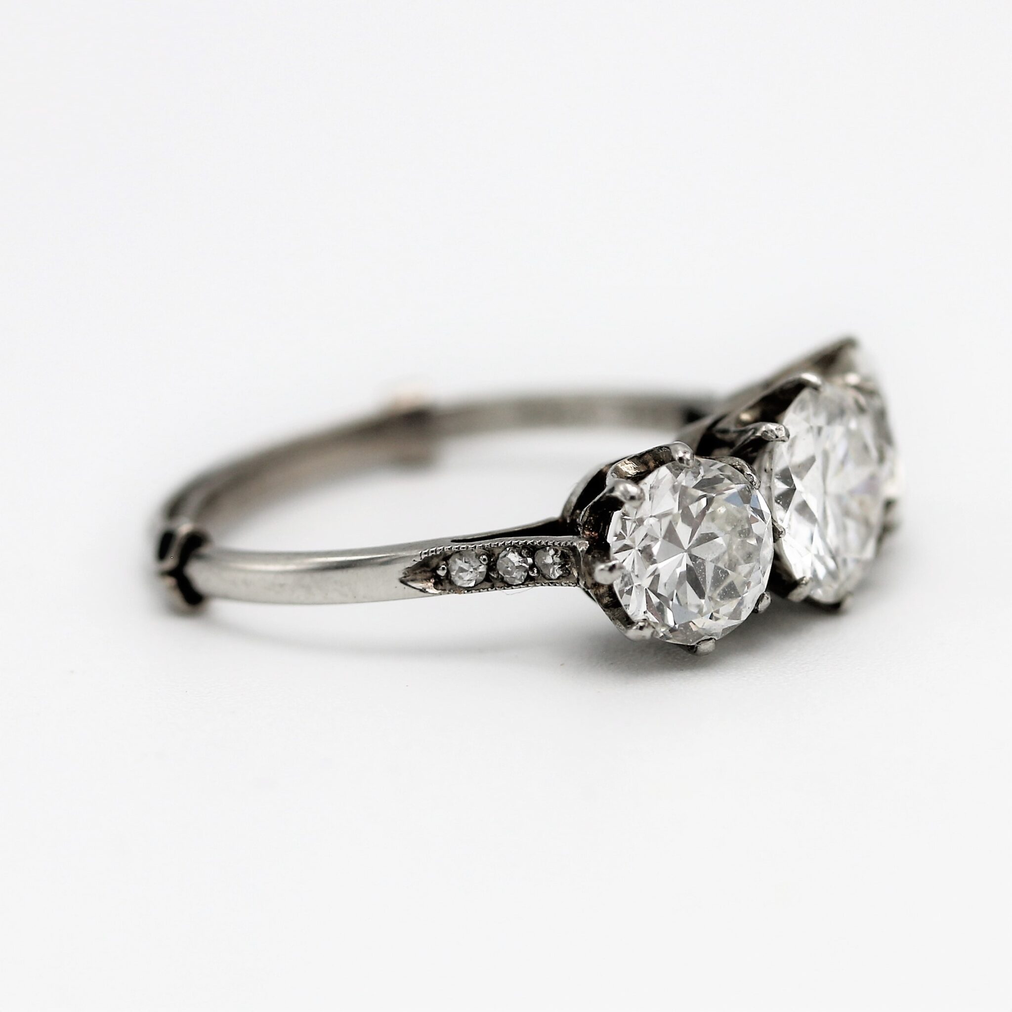 Three Stone 2.6 Carat Transitional Cut Diamond Engagement Ring, c.1940