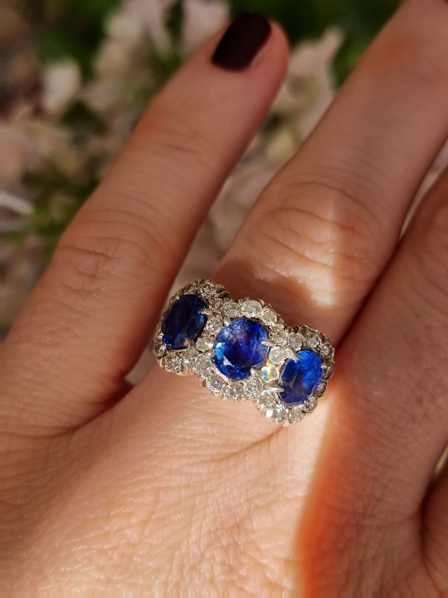 Platinum 3-Stone Oval Sapphire and Half Moon Diamond Ring | Mystique  Jewelers | Alexandria, VA