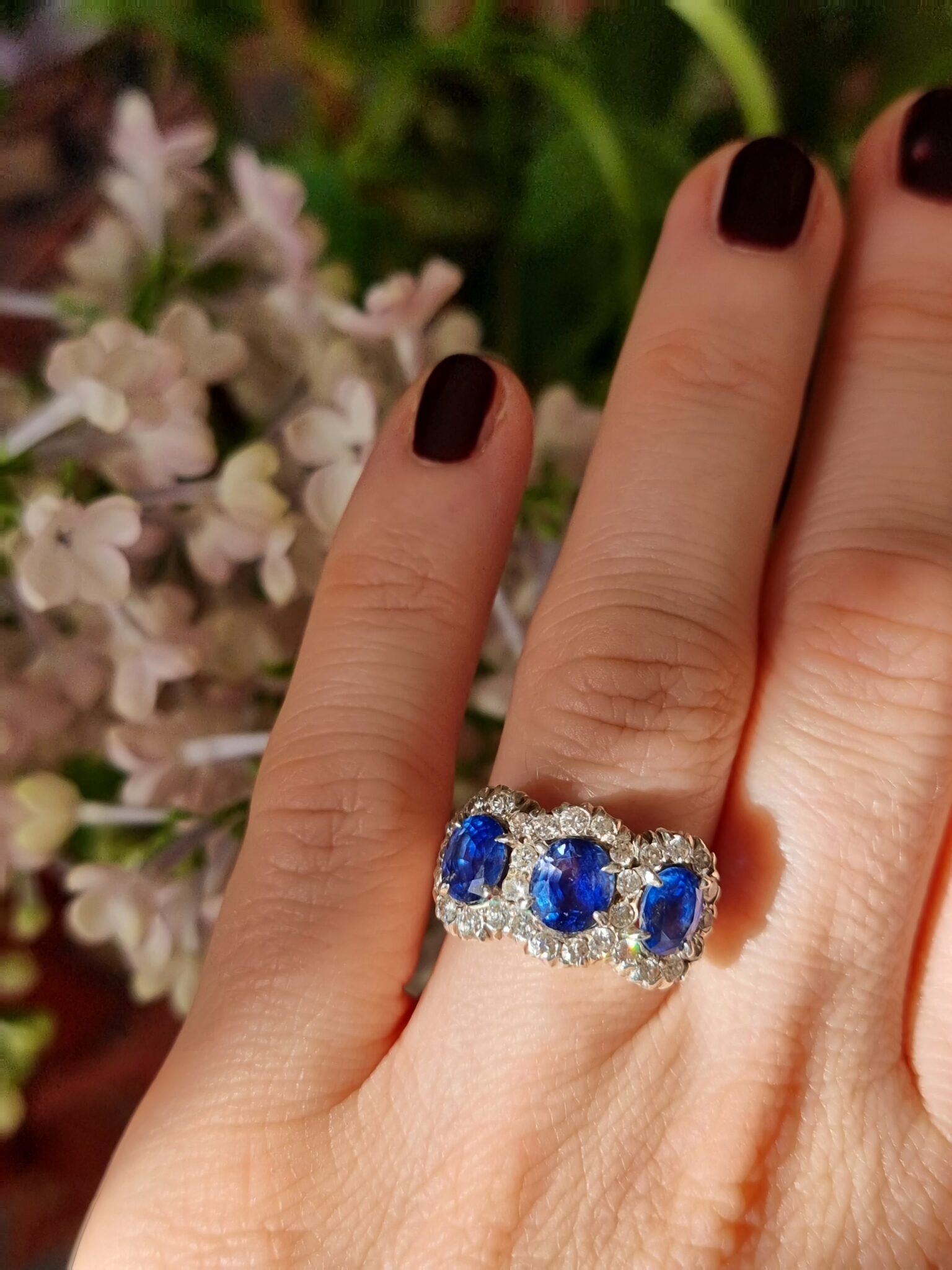 4 Prong Setting Blue Sapphire Three Stone Ring
