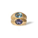 1980s Bulgari 18 karat gold blue topaz and Iolite doppio ring