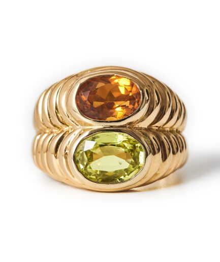 1980s Bulgari 18 karat gold peridot and citrine doppio ring
