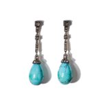 Antique Silver and 18K Gold Earrings with Turquoise Drops and Rose-Cut Diamonds Late 19th / Early 20th Century, Victorian Era.