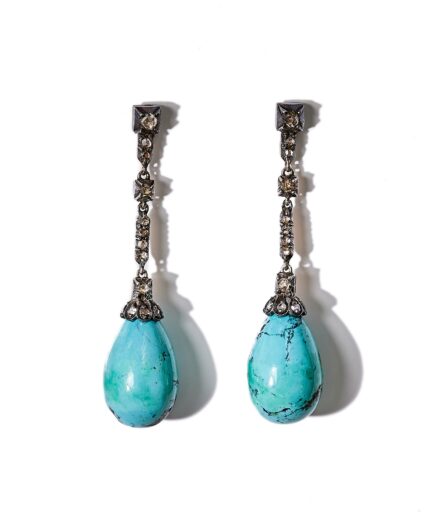Antique Silver and 18K Gold Earrings with Turquoise Drops and Rose-Cut Diamonds Late 19th / Early 20th Century, Victorian Era.