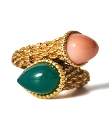 Serpent Bohème ring in yellow gold with green agate and coral, By André Vassort, circa 1970.