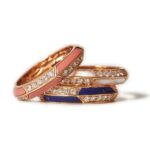 Trio 18k rose gold diamond eternity rings, lapis, mother of pearl of pearl and coral.