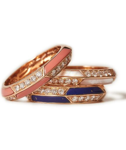 Trio 18k rose gold diamond eternity rings, lapis, mother of pearl of pearl and coral.