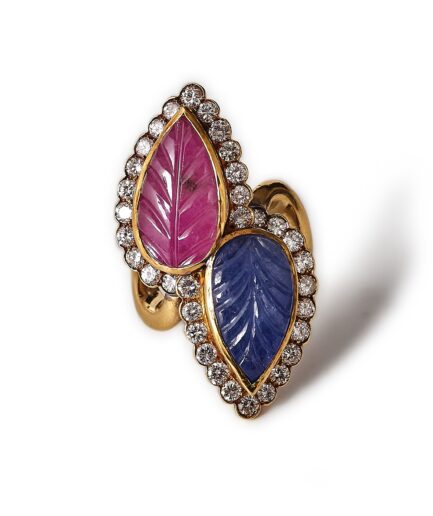 1970s Bulgari Carved 8.95ct Ruby and 6.94ct Sapphire,Diamond Cocktail Ring.