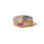 1980s ‘Toi et Moi’ Ruby, Sapphire and Diamond 18kt gold ring.