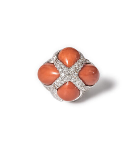 David Webb 18kt White Gold Coral and Diamond Dome Cocktail Ring, Circa 1970