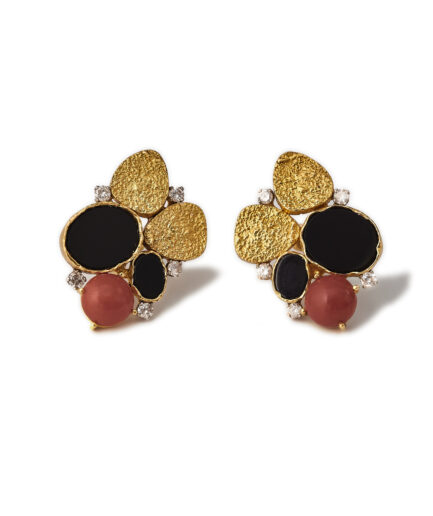 George Weil 18k Gold Coral Onyx Diamond Clip-On Earrings, London 1968