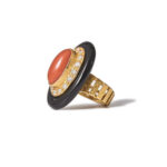 George Weil 18K Gold Coral Onyx Diamond Cocktail Ring, Circa 1975