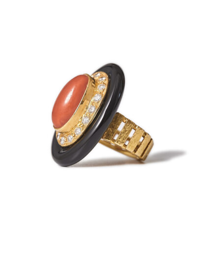 George Weil 18K Gold Coral Onyx Diamond Cocktail Ring, Circa 1975