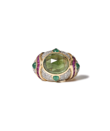 1990s Baroda-Style 18kt Gold Tourmaline, Emerald, Ruby, Diamond Ring.